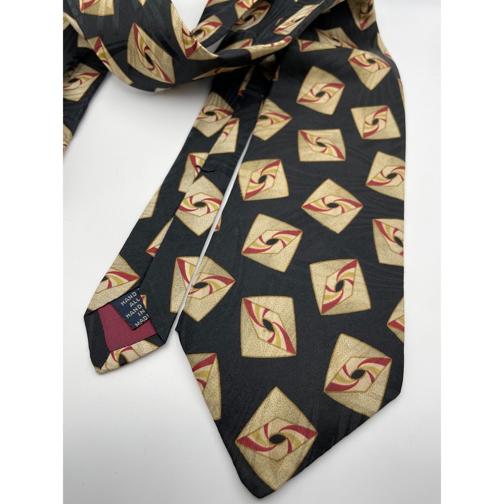 Paul Fredrick Silk Tie Mens Black Gold Red Geometric Diamond Hand Printed Italy